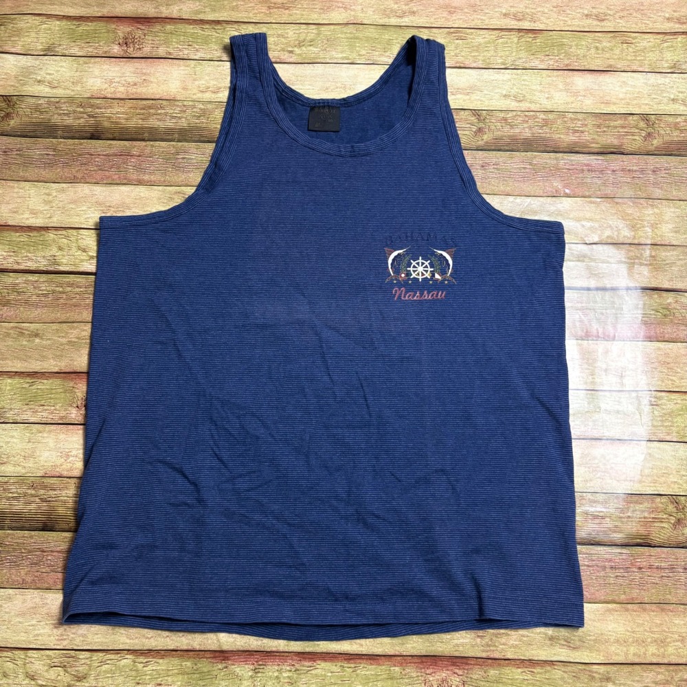 Vintage 90s Tennessee River Gold Bahamas Nassau Striped Tank Top XL Navy Blue